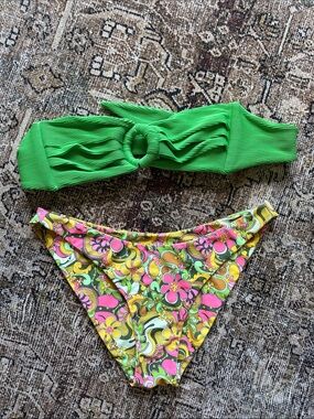 Kulani Kinis Green Bandeau Top with Pink and Yellow Floral Bikini Bottoms
